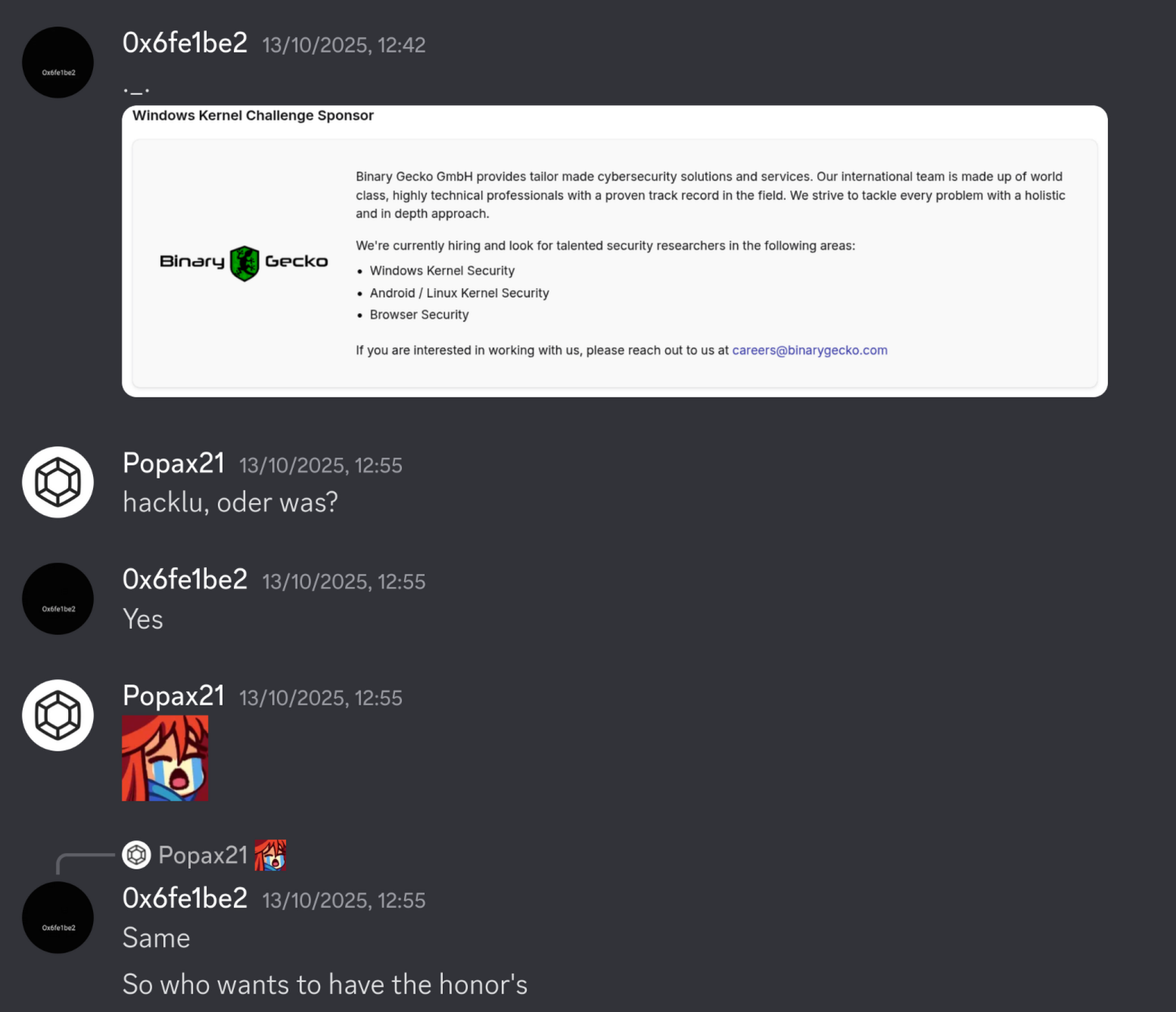 Discord conversation of everyone being "very excited" for the challenge