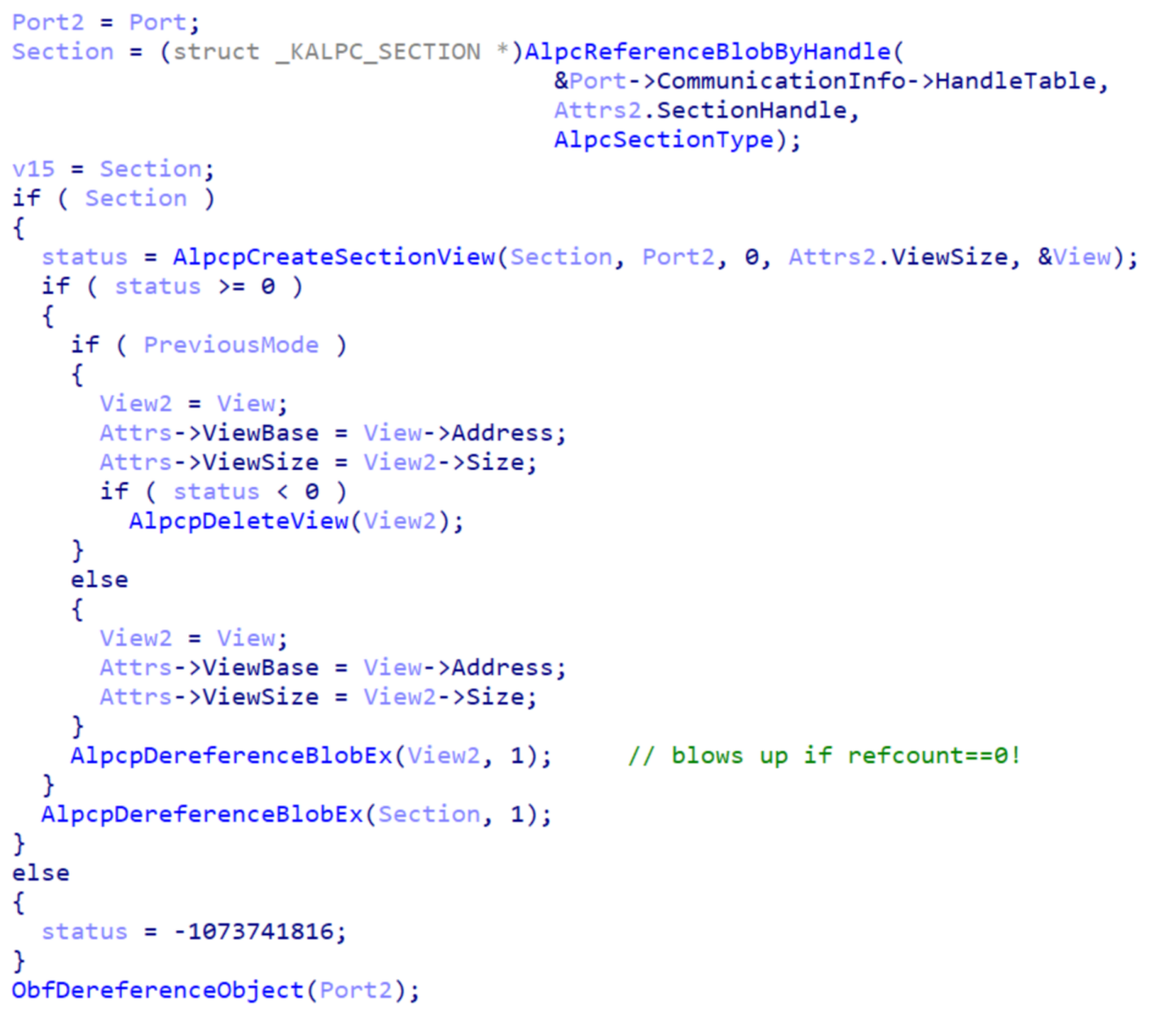 Screenshot of the `NtAlpcCreateSectionView` function from IDA Pro