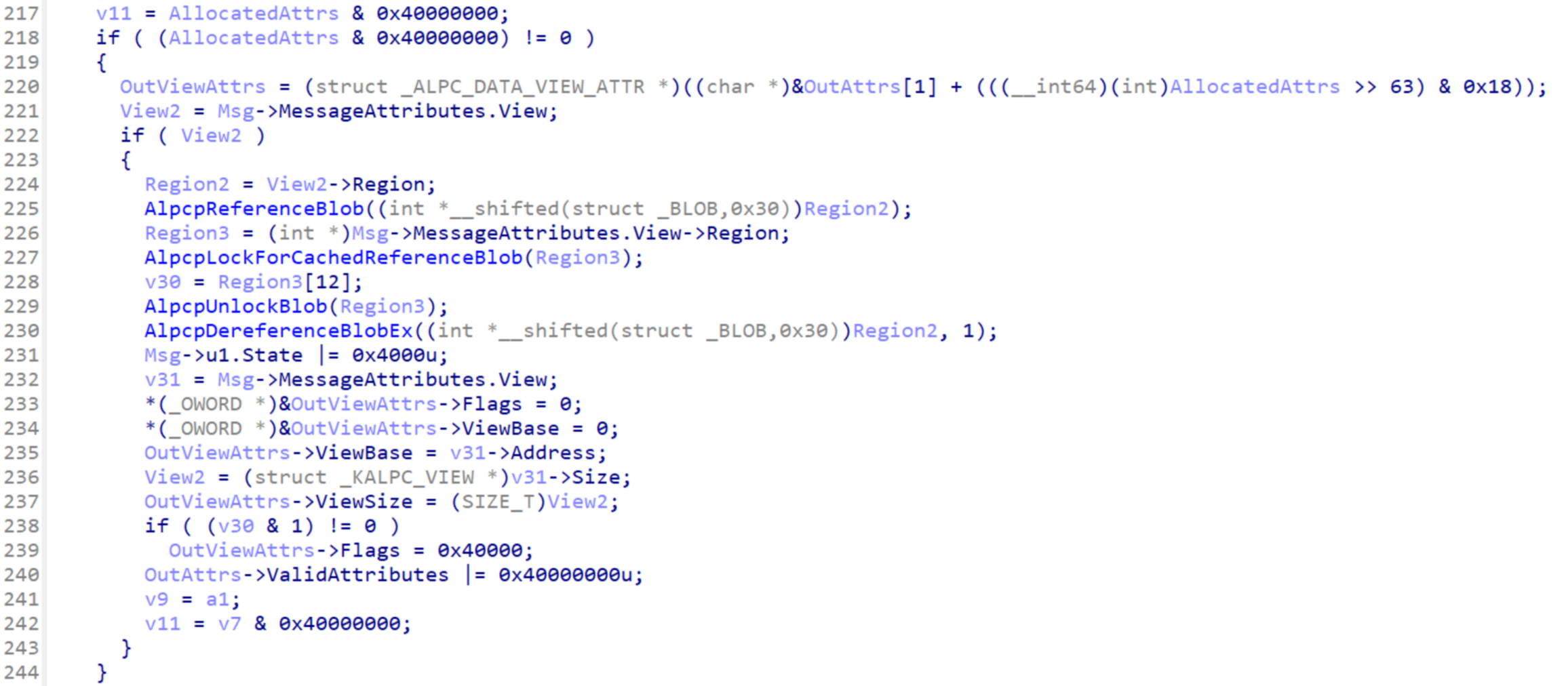 Screenshot of the `AlpcpExposeAttributes` function from IDA Pro