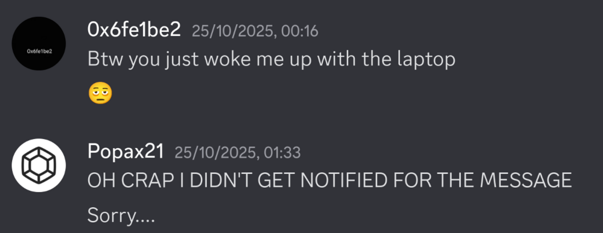 Discord conversation of Georg letting me know I woke him up with the laptop's noises