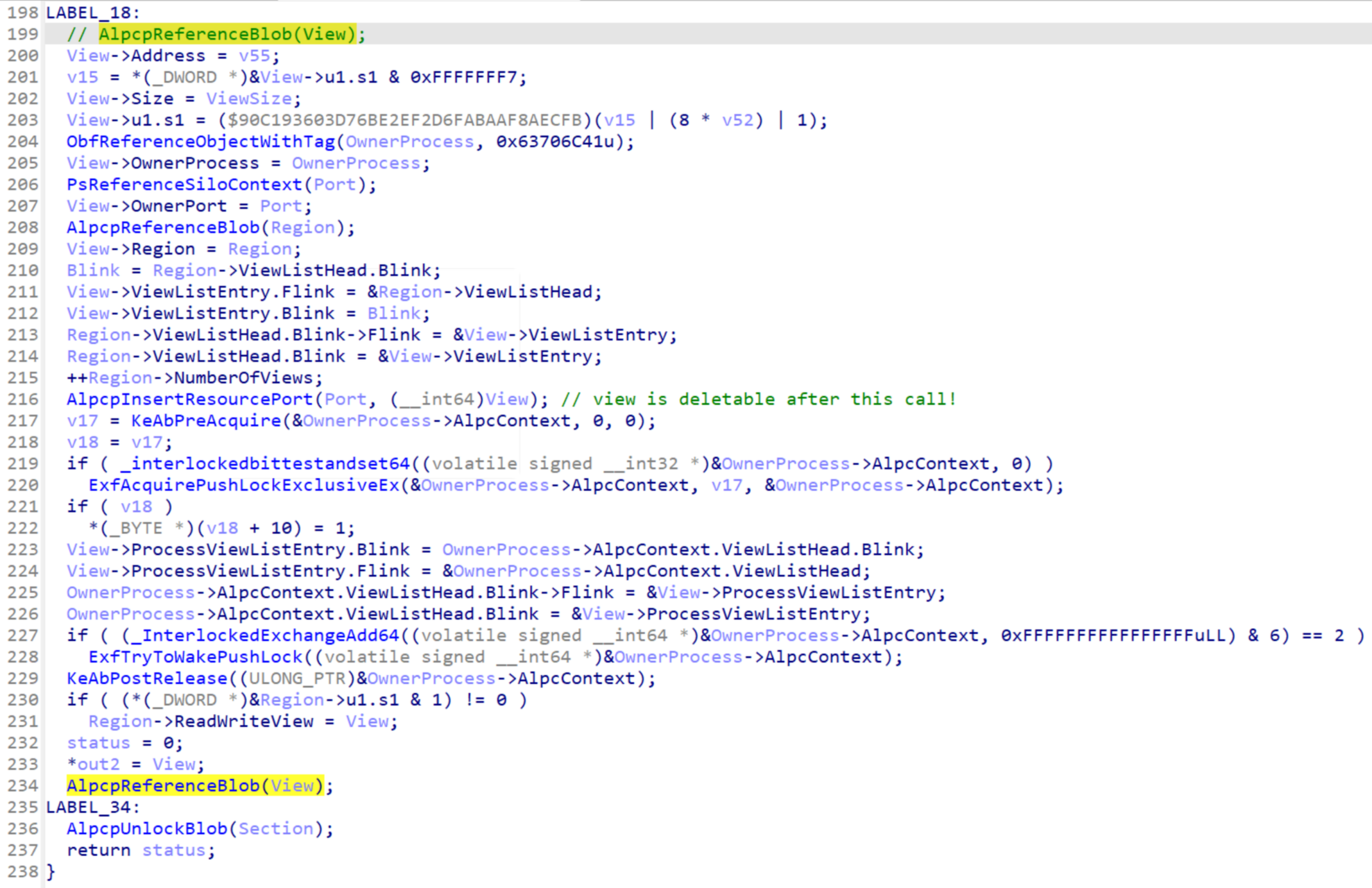 Screenshot of the `AlpcpCreateView` function from IDA Pro