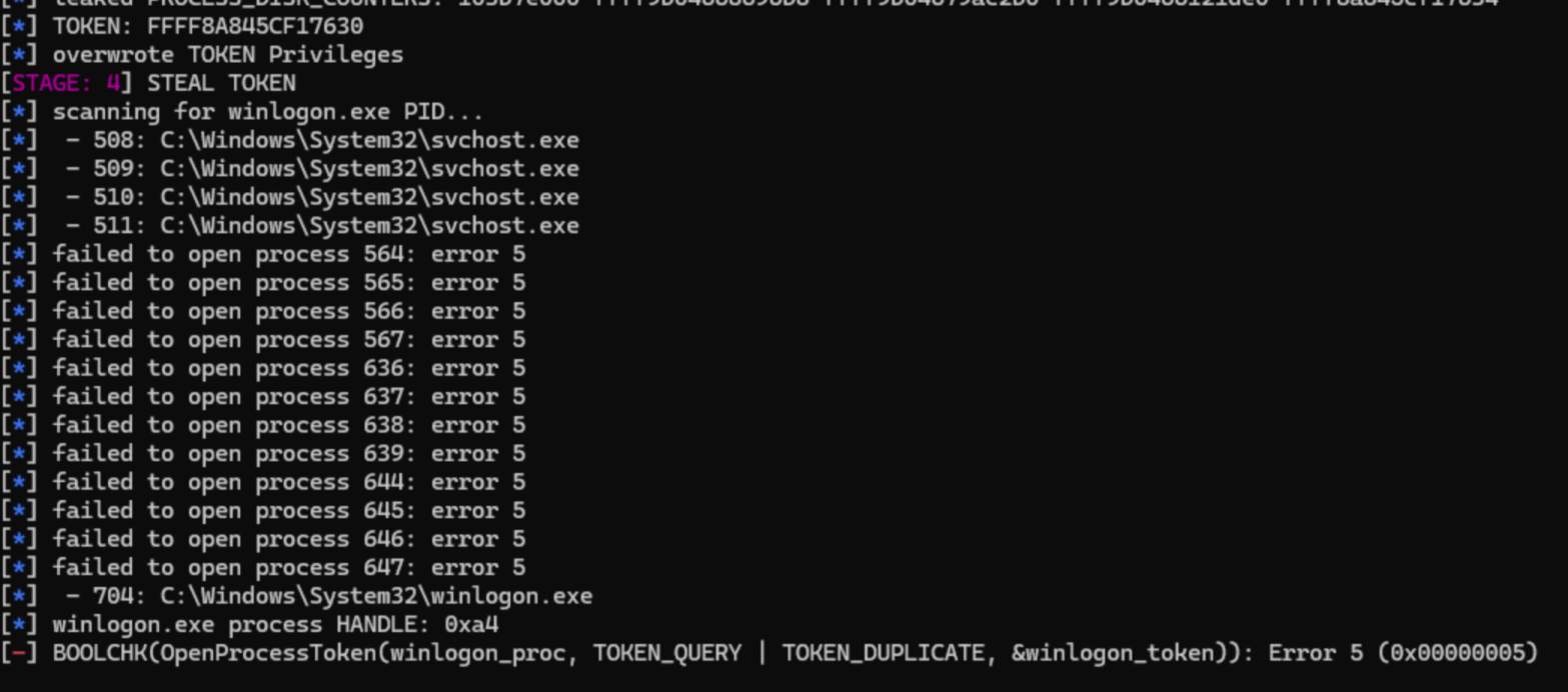 Screenshot of the exploit failing with `ERROR_ACCESS_DENIED`