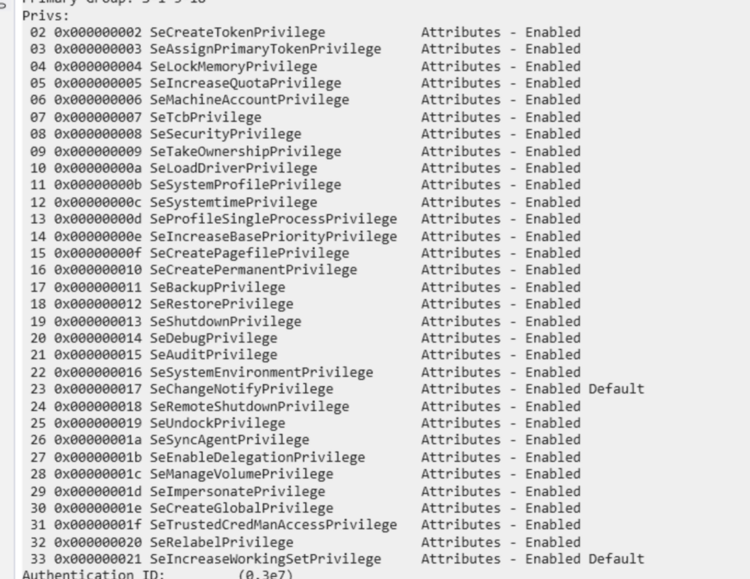 Screenshot of WinDbg inspecting a token with a lot of NT privileges enabled