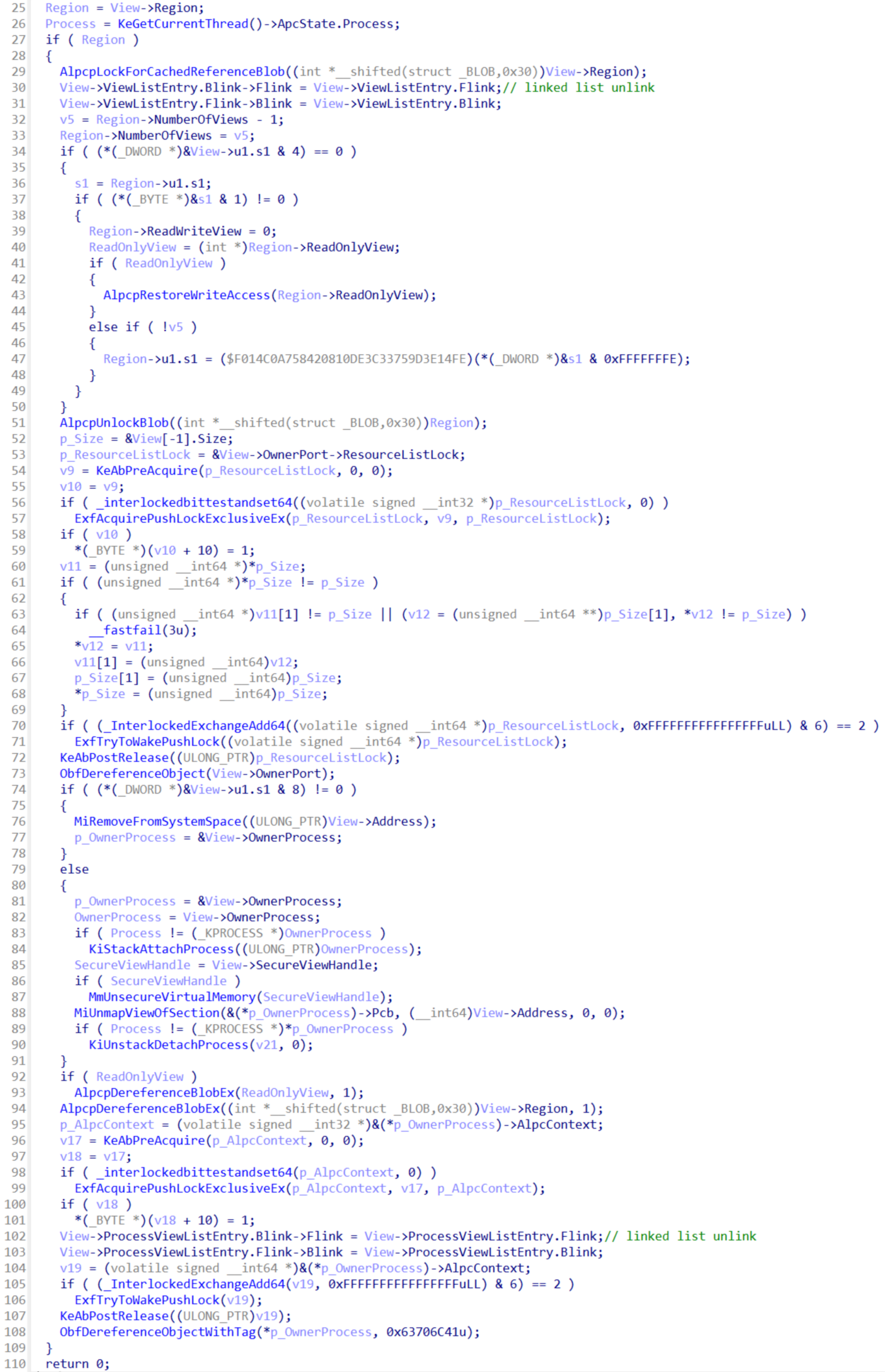 Screenshot of the `AlpcViewDestroyProcedure` function from IDA Pro